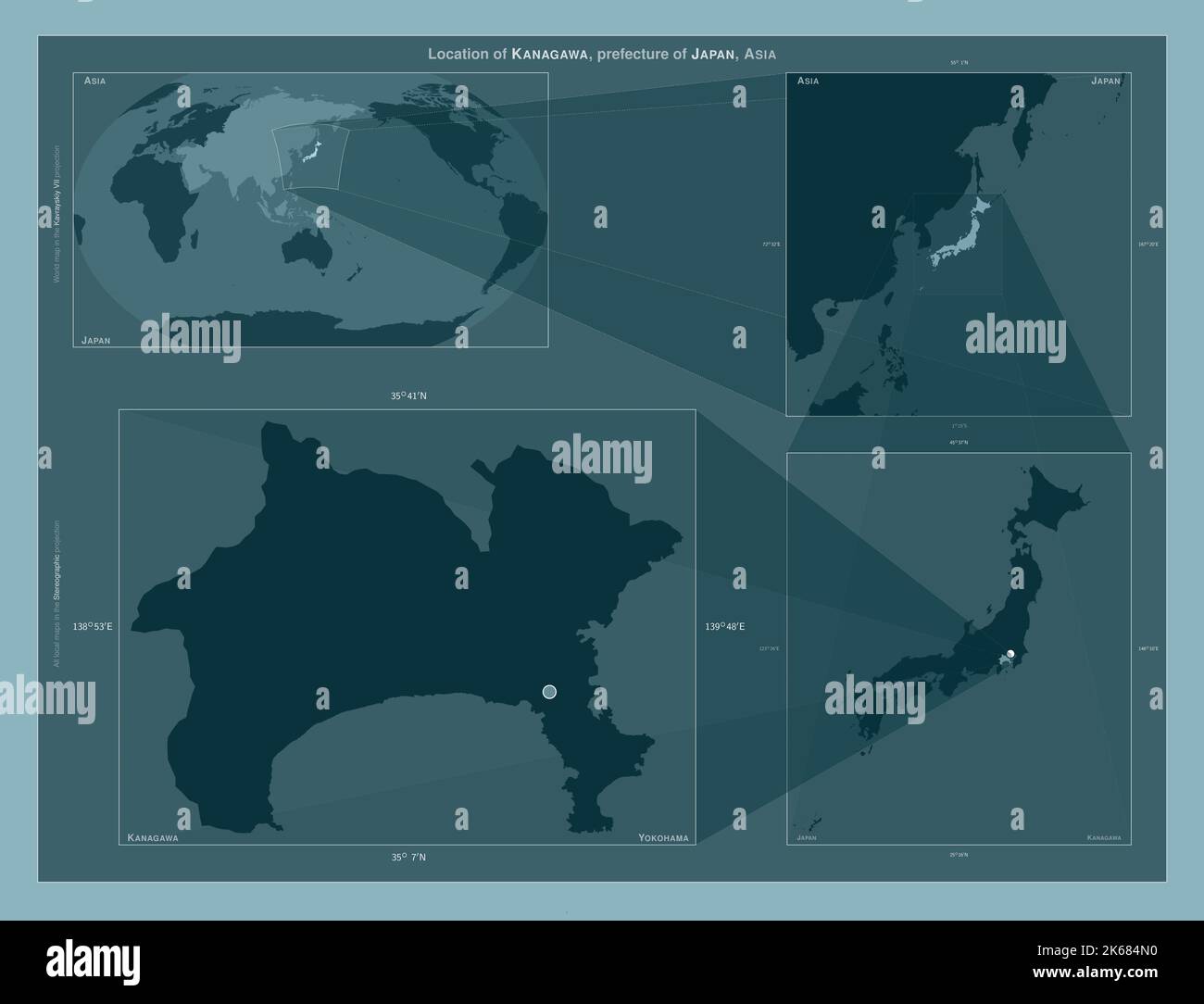 Kanagawa, prefettura del Giappone. Diagramma che mostra la posizione della regione su mappe in scala più grande. Composizione di fotogrammi vettoriali e forme PNG su un solido Foto Stock