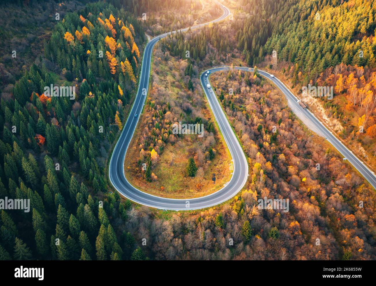 Veduta aerea della strada tortuosa con auto in una colorata foresta autunnale Foto Stock