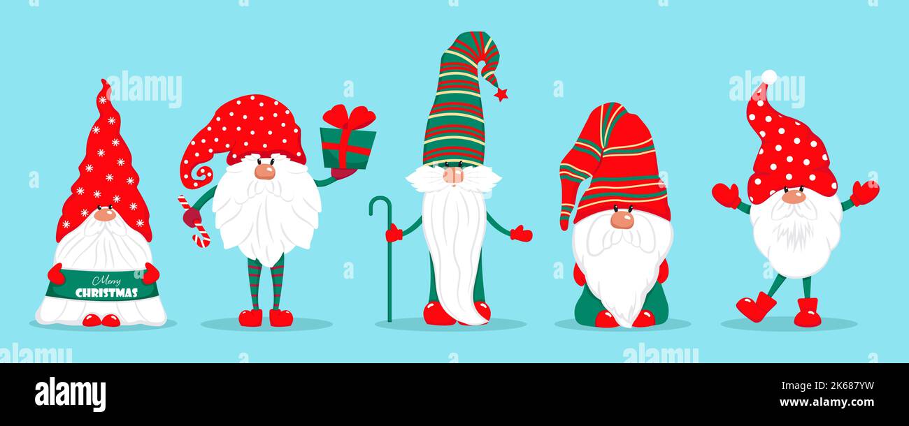 Gnomi di Natale set. Caratteri vettoriali in stile piatto. Set di gnomi di Natale con caramelle regalo illustrazione Illustrazione Vettoriale