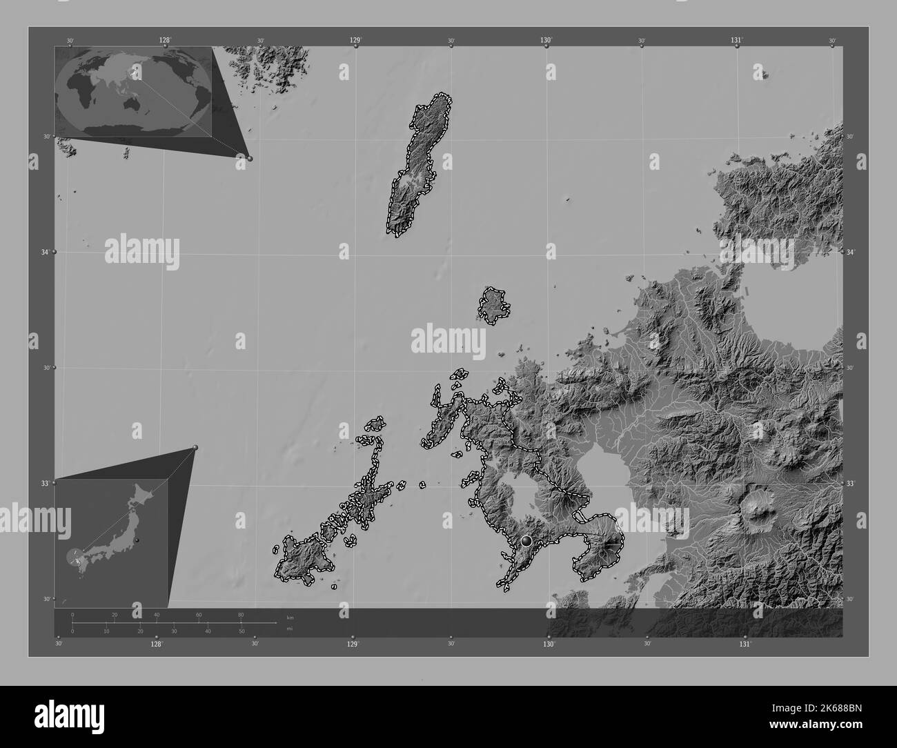 Nagasaki, prefettura del Giappone. Mappa altimetrica bilivello con laghi e fiumi. Mappe delle posizioni ausiliarie degli angoli Foto Stock