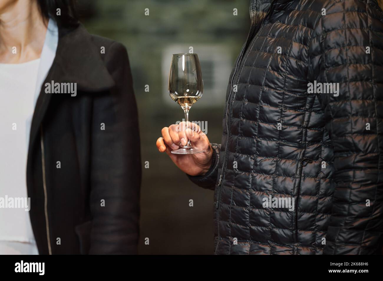 Coppia caucasica in piedi vicino ad una grande botte di legno in una cantina e degustando un vino bianco di qualità Foto Stock