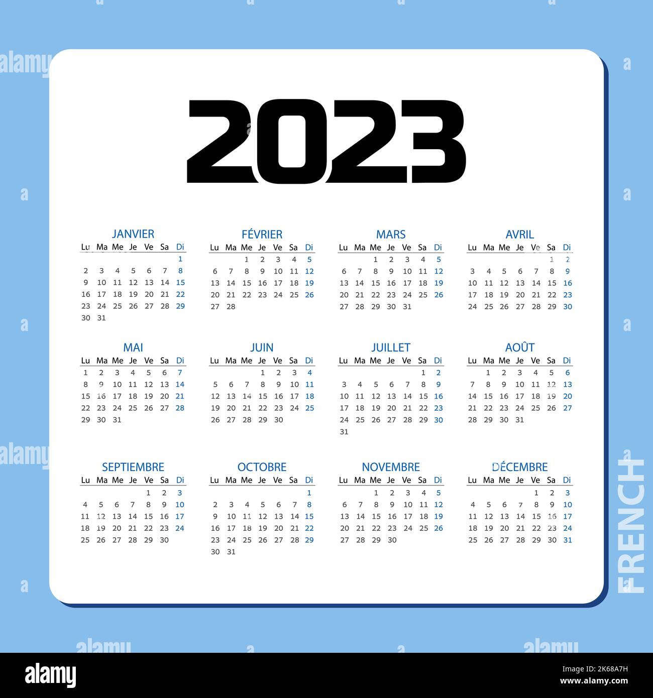 Calendario tascabile su 2023 anno, francese. Calendario orizzontale blu. La settimana inizia dal lunedì. Modello vettoriale per le aziende. Illustrazione Vettoriale