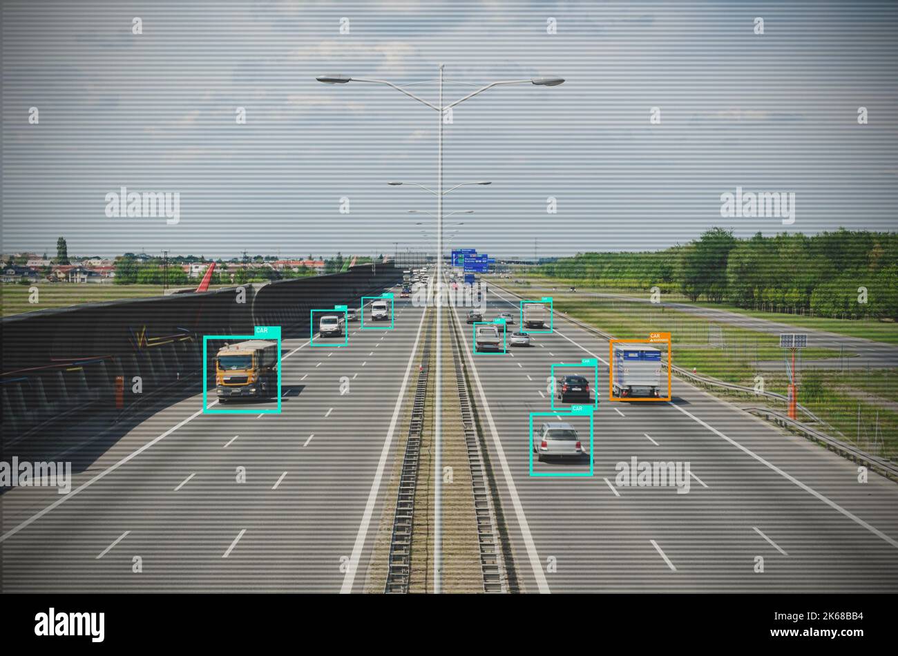 Monitoraggio del traffico tramite intelligenza artificiale, sistema di sicurezza controllato da intelligenza artificiale, concetto di sistema di credito sociale Foto Stock