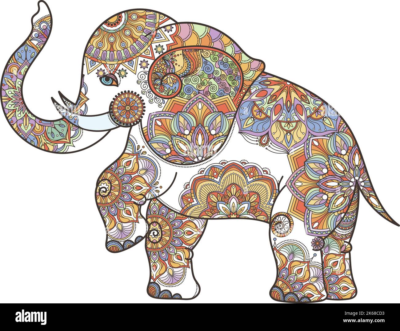 Elefante con ornamento di mandala. Animale da colorare asiatico zentangle Illustrazione Vettoriale