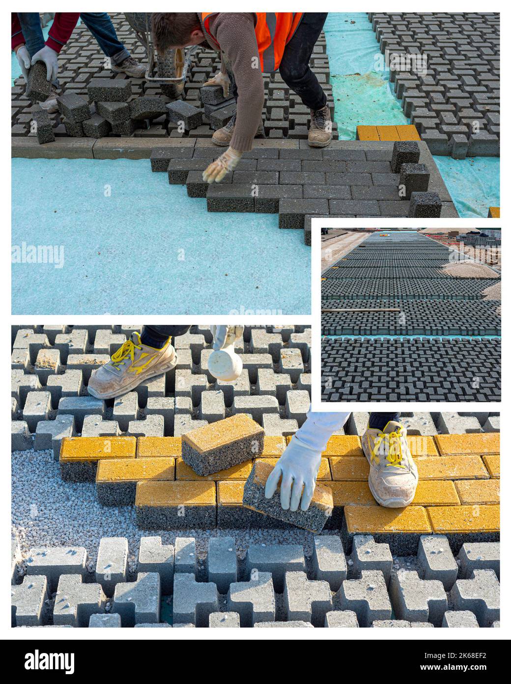 Il collage che lavora in pietra sta abbassando le asfaltatrici durante la costruzione di una strada cittadina. Foto Stock