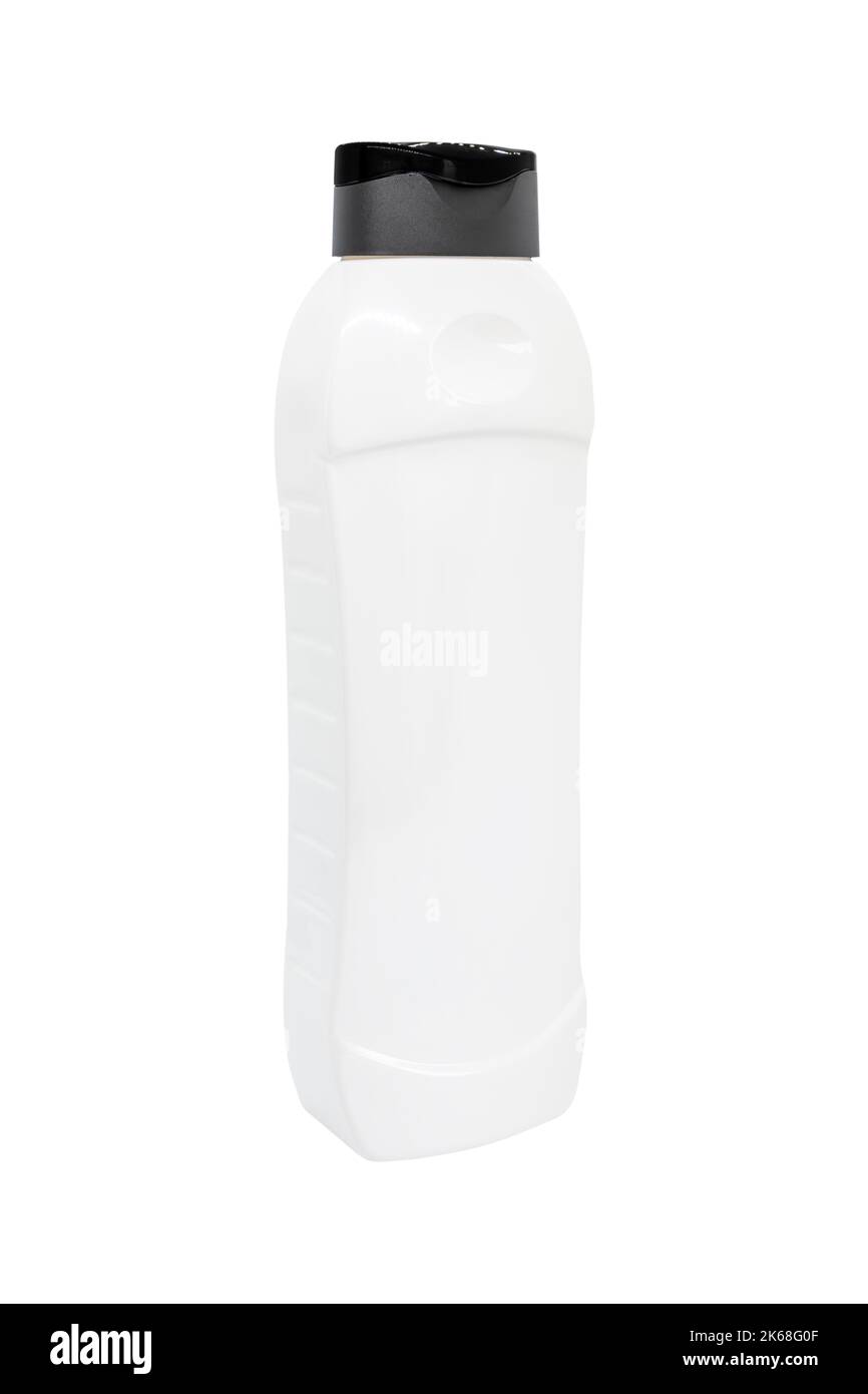 Bottiglia di plastica bianca per mockup, contenitore per liquidi con coperchio su sfondo bianco isolato. Modello per il progetto. Foto Stock