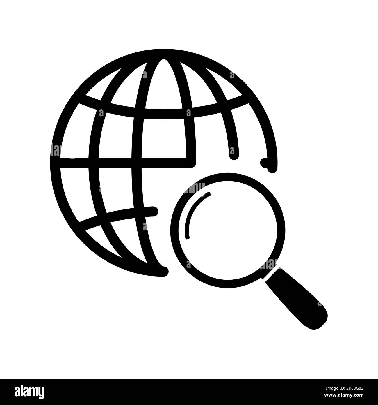 Icona di ricerca globale in stile piatto. Globo con simbolo lente di ingrandimento isolato su sfondo bianco. Semplice ricerca astratta icona in nero. Illustrazione vettoriale Illustrazione Vettoriale
