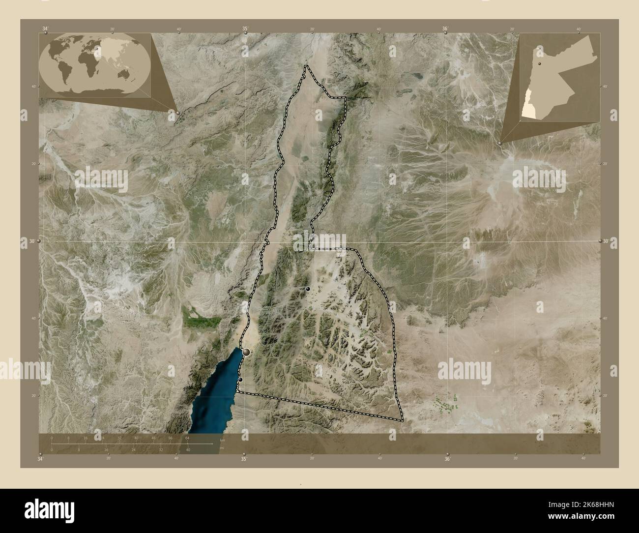 Aqaba, provincia di Giordania. Mappa satellitare ad alta risoluzione. Posizioni delle principali città della regione. Mappe delle posizioni ausiliarie degli angoli Foto Stock