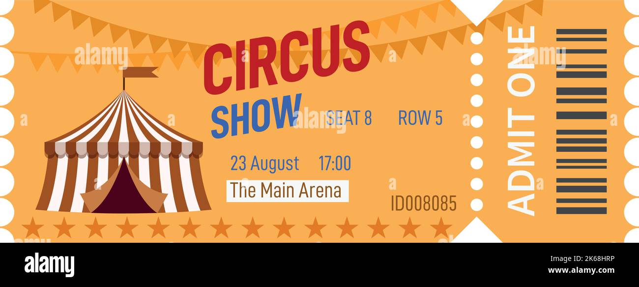 Modello biglietto per spettacoli circensi. Pass per l'evento Funfair Illustrazione Vettoriale