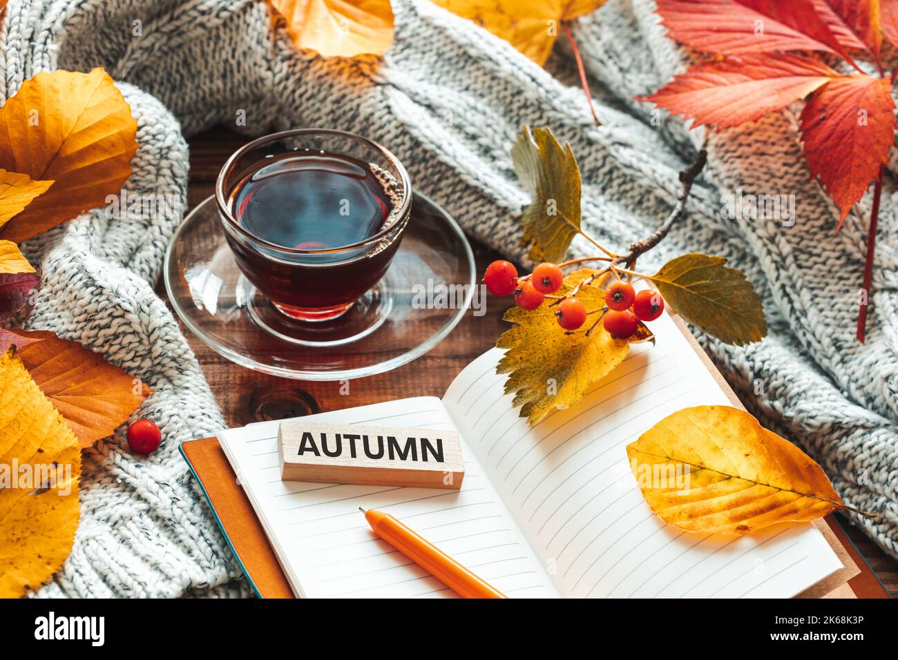 Quaderno aperto, blocco di legno con l'iscrizione Autunno, concetto stagionale, stile di vita, belle foglie colorate, caldo maglione, Atmosfera Moody Foto Stock