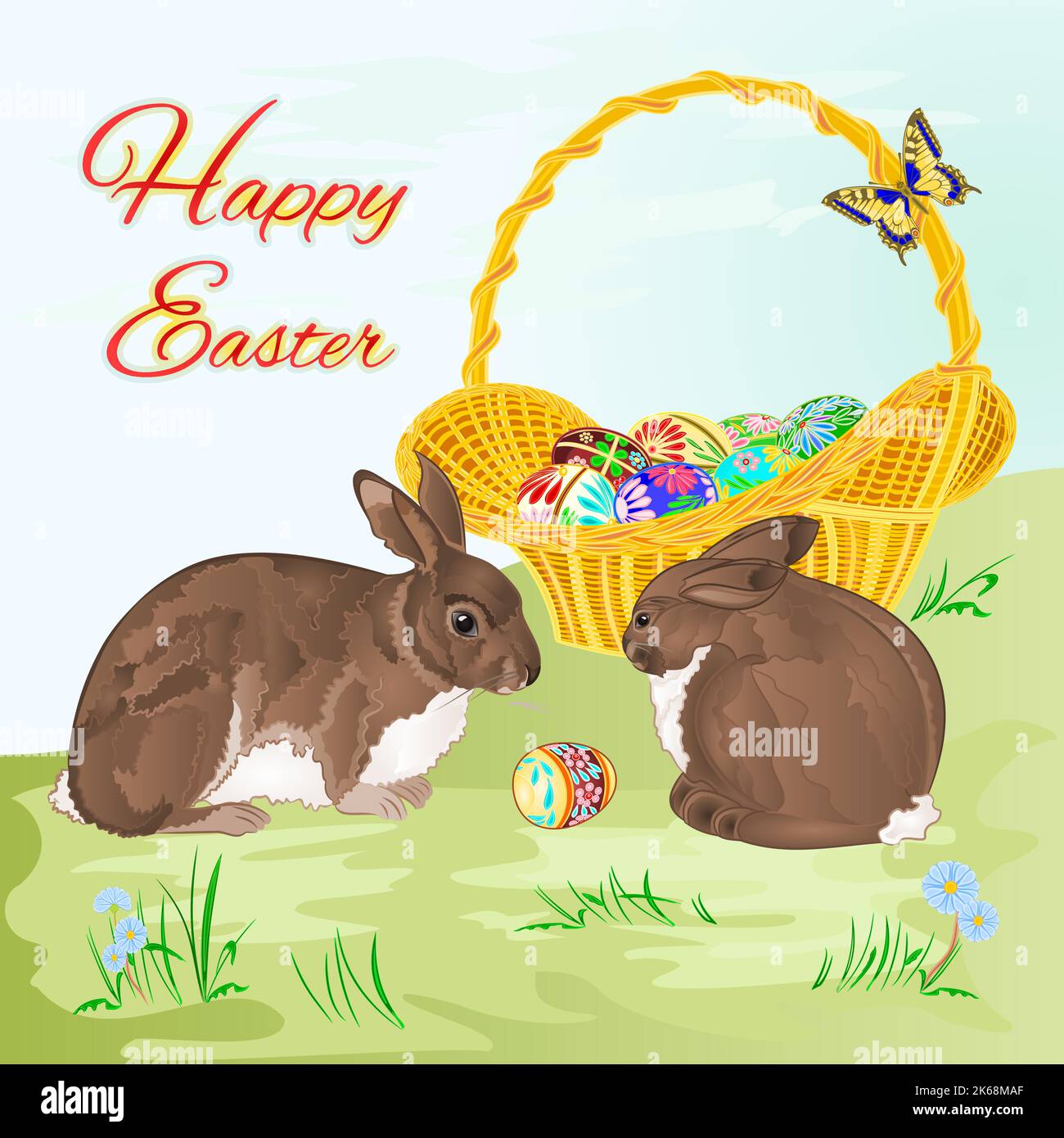 Conigli di Pasqua felici e vettore di cestino di pasqua Illustrazione Vettoriale