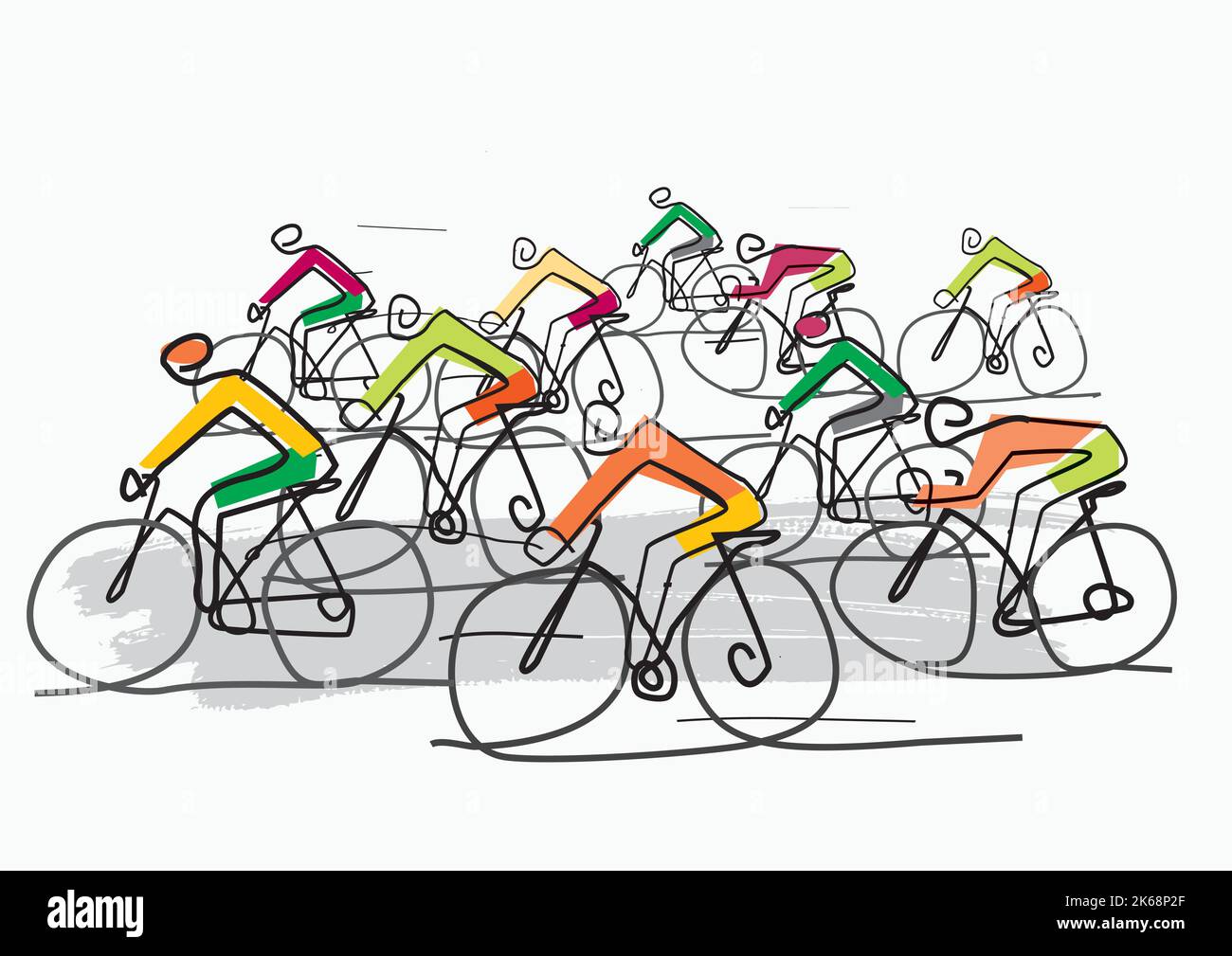 Gara ciclistica, cartoon stilizzato line art. Illustrazione di un gruppo di ciclisti su una strada. Disegno linea continuo. Vettore disponibile. Illustrazione Vettoriale