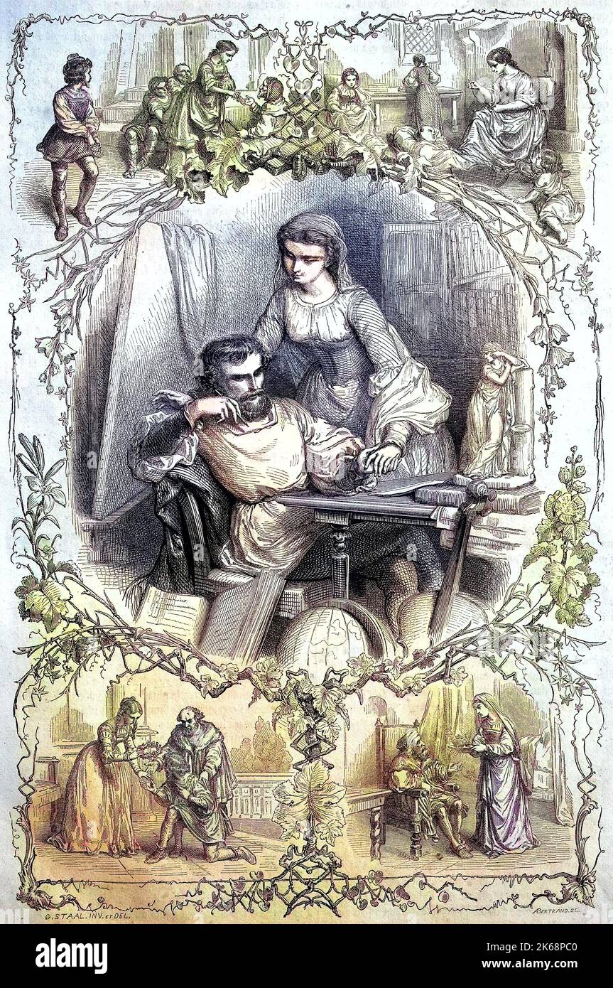 L'influenza delle donne sugli uomini, stampa simbolica del legno dal 1850 / Der Einfluß der Frauen auf die Männer, simbolischer Holzdruck aus dem Jahre 1850, Historisch, riproduzione digitale migliorata di un originale del 19th secolo / digitale Reproduktion einer Originallage voraus dem 19. Jahrhundert, Foto Stock