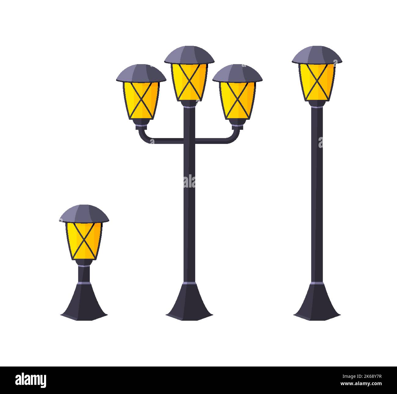 Illuminazione esterna giardino urbano fixture set piatto. Faretto anteriore all'esterno all'interno del cortile dell'edificio, strada tecnica. Moderno stile gotico classico di varie dimensioni design strada elettrica isolato Illustrazione Vettoriale