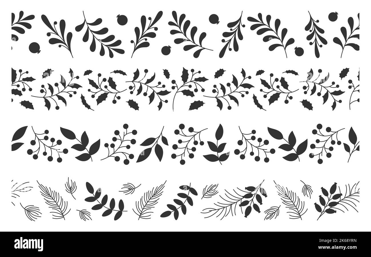 Set di silhouette natalizie con bordo senza cuciture floreali. Anno nuovo stampa motivo cornice decorazione adesivo stencil vacanza infinito decorativo nastro scotch nastro foglia mirtillo ramo sempreverde pianta ornamento inverno Illustrazione Vettoriale