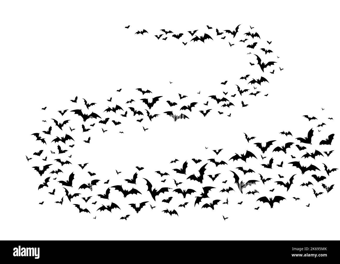 Volanti pipistrelli di Halloween, isolati vettori vampiri animali floccano onda curva volare su sfondo bianco. Sciame alare di pazze silhouette nere, fauna spettrale creature gruppo flusso elemento grafico design Illustrazione Vettoriale
