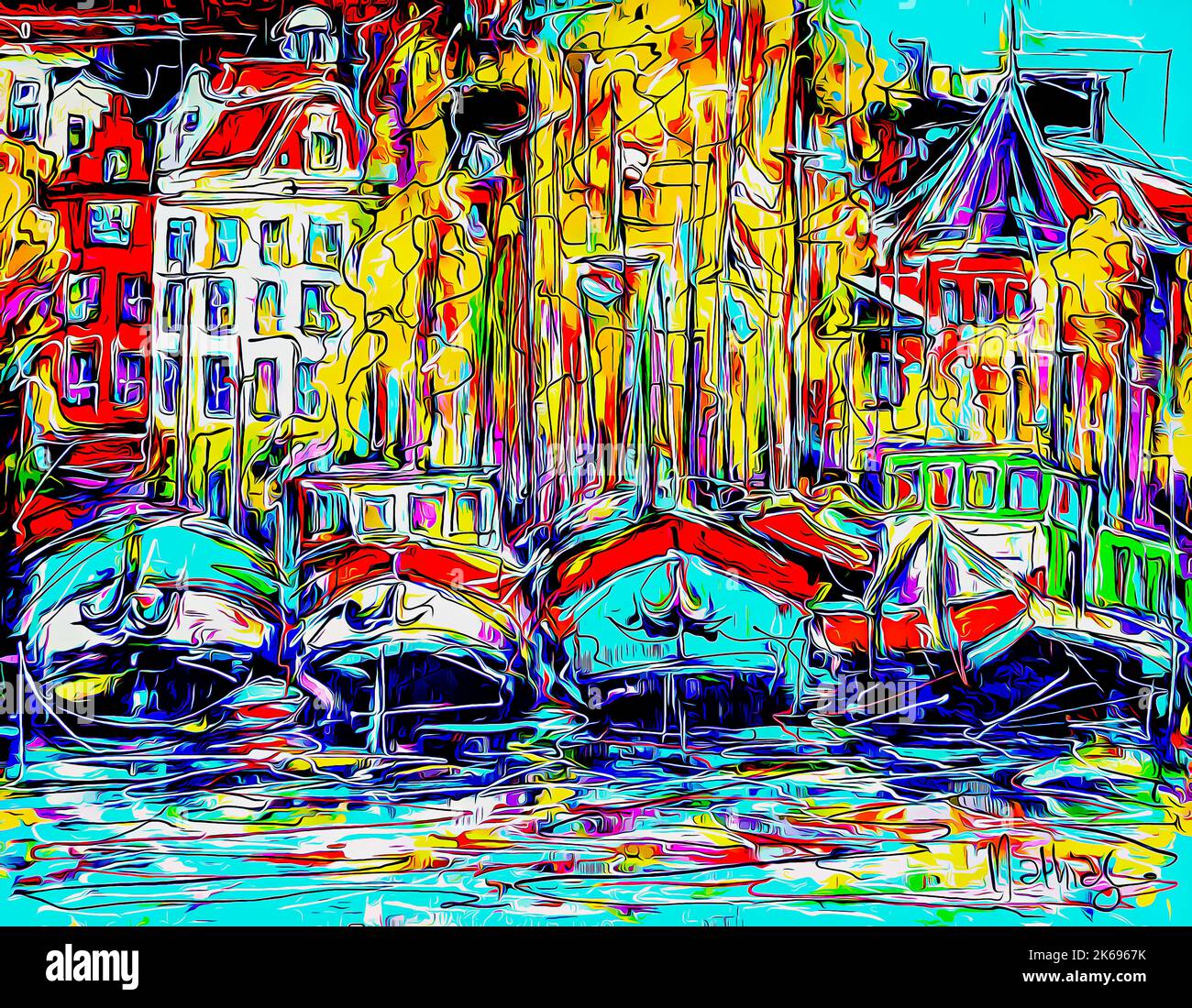 Quattro colorate barche autunnali sul canale di Amsterdam case colorate espressive pittura digitale Arte moderna illustrazione colorata Arte digitale Foto Stock