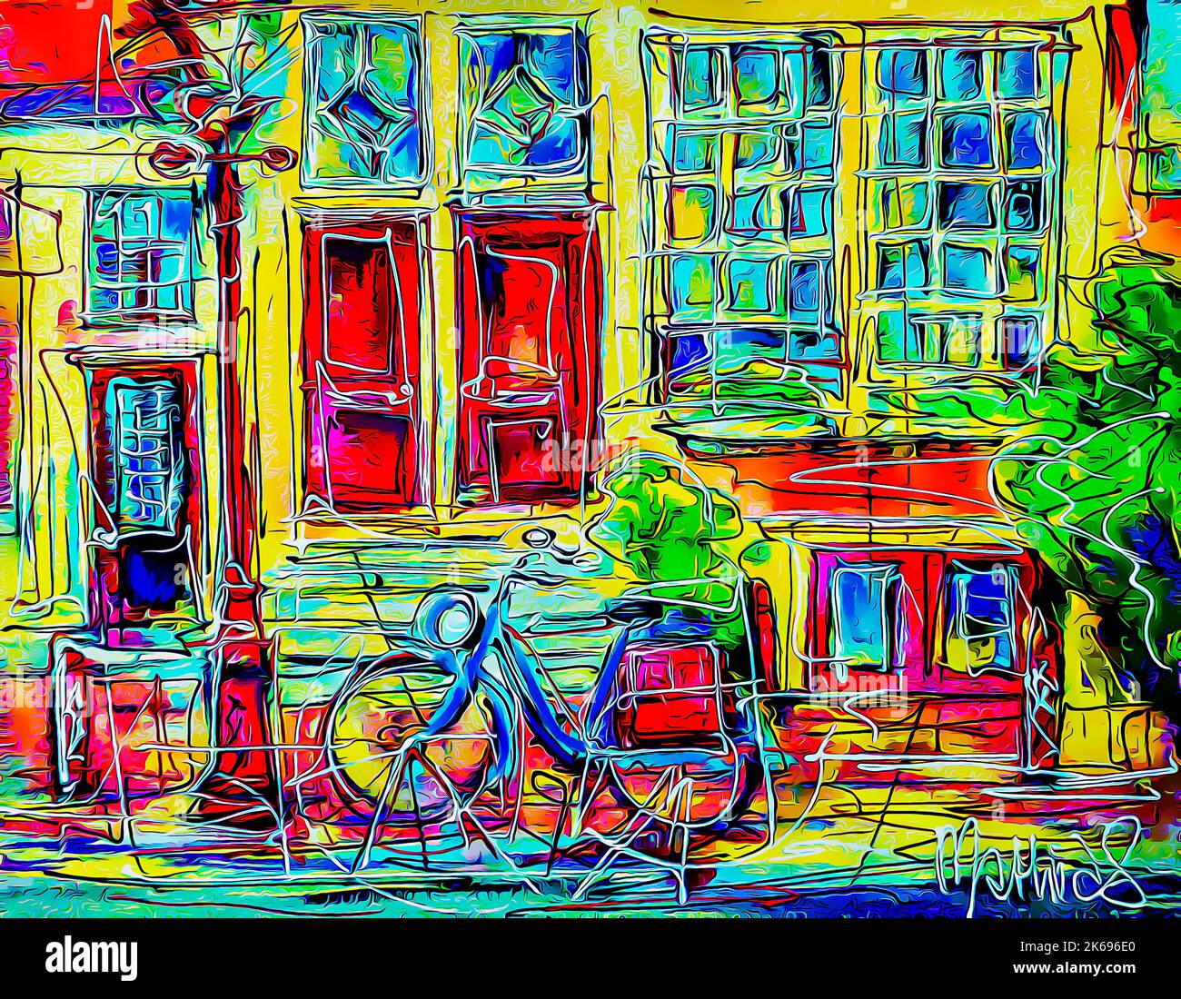 Casa gialla ad Amsterdam porta rossa bicicletta rossa Lanterna rossa espressiva Pittura digitale Arte moderna illustrazione colorata Arte digitale Foto Stock