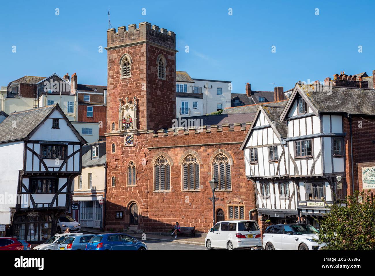 Edifici medievali Tudor nella città di Exeter, Devon Foto Stock