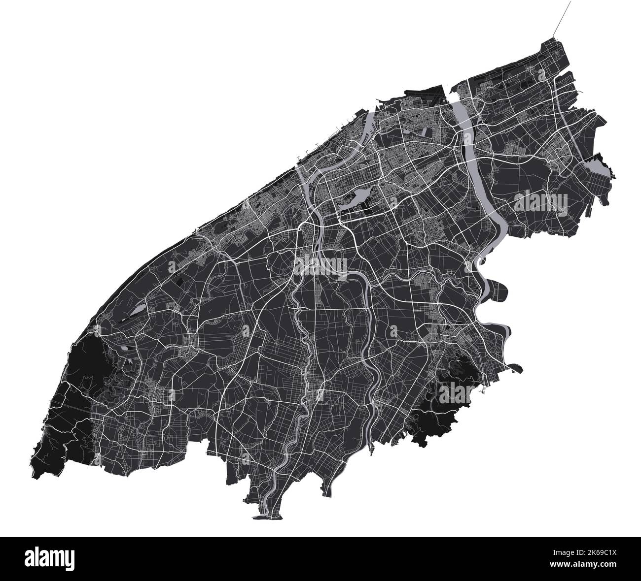 Mappa di Niigata. Mappa vettoriale dettagliata dell'area amministrativa della città di Niigata. Poster sulla città con vista metropolitana dell'aria. Terra nera con strade e viali bianchi Illustrazione Vettoriale