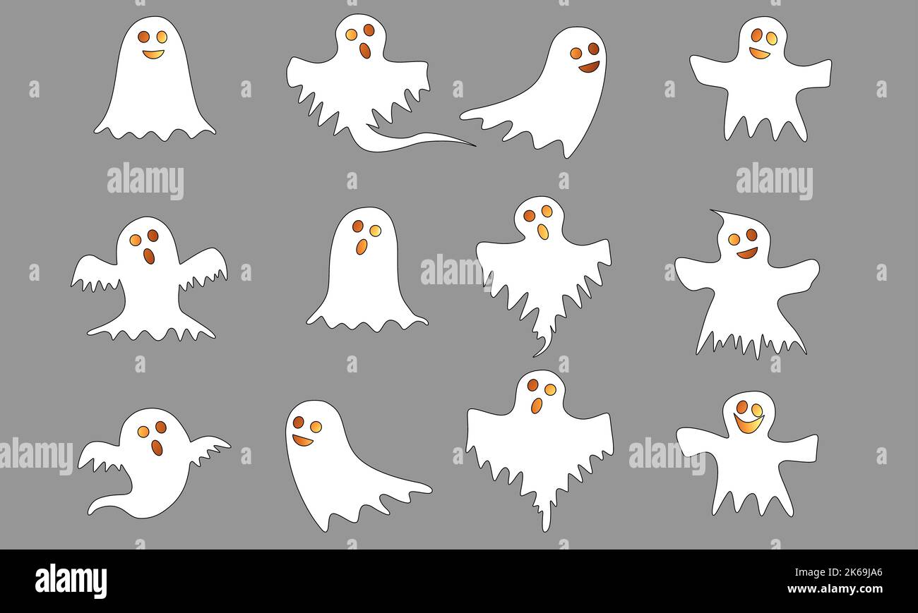 Halloween, Halloween party, fantasmi, fantasmi buoni, colore bianco e sfondo neutro. Foto Stock