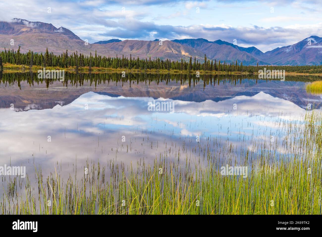 Mattina riflessione di montagna su un lago lungo la Denali Highway in Alaska Foto Stock