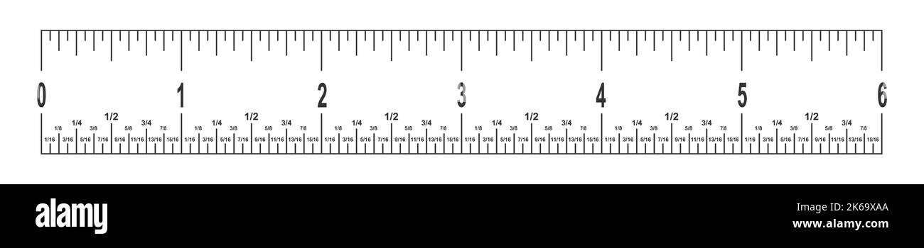 scala righello da 6 pollici con frazioni. Strumento matematico o geometrico per la misurazione di distanza, altezza o lunghezza con markup e numeri isolati su sfondo bianco. Illustrazione del contorno vettoriale Illustrazione Vettoriale