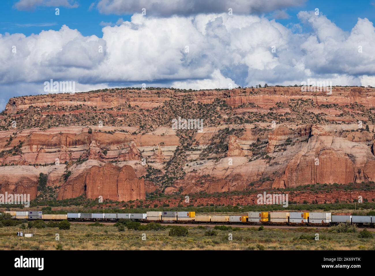 La velocità del treno merci attraverso Gallup, New mexico Foto Stock