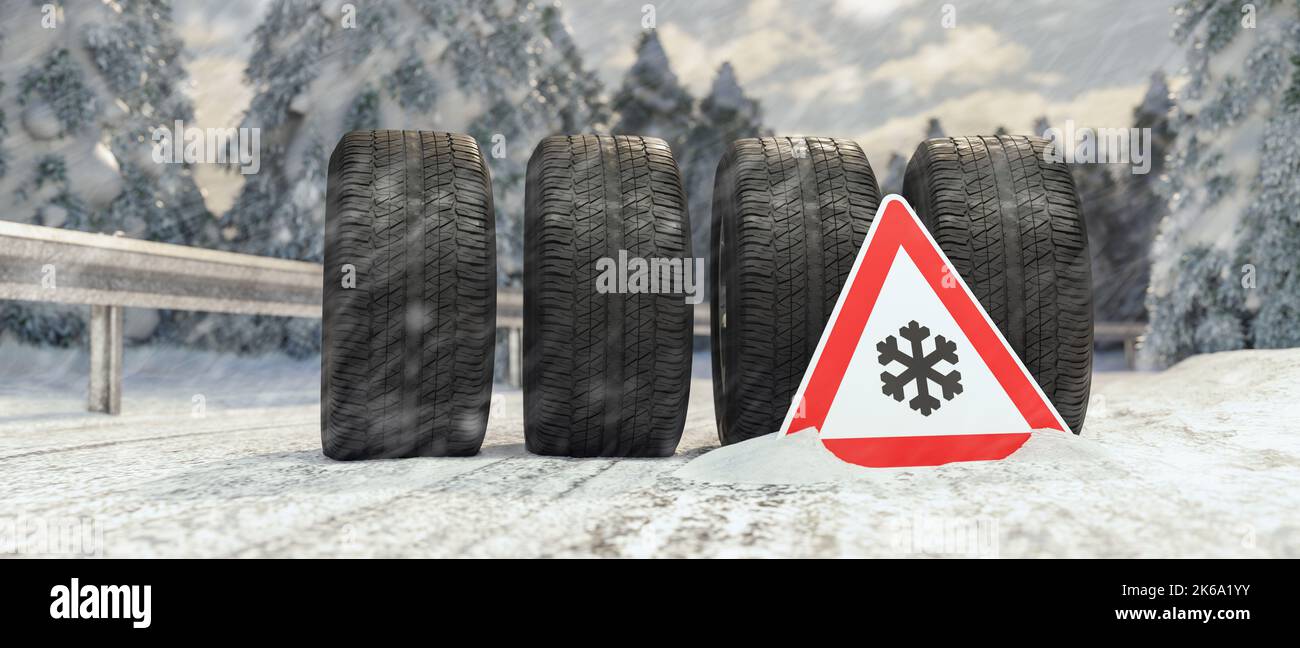 Sostituzione pneumatici invernali - attenzione l'inverno è in arrivo con un cartello stradale Foto Stock