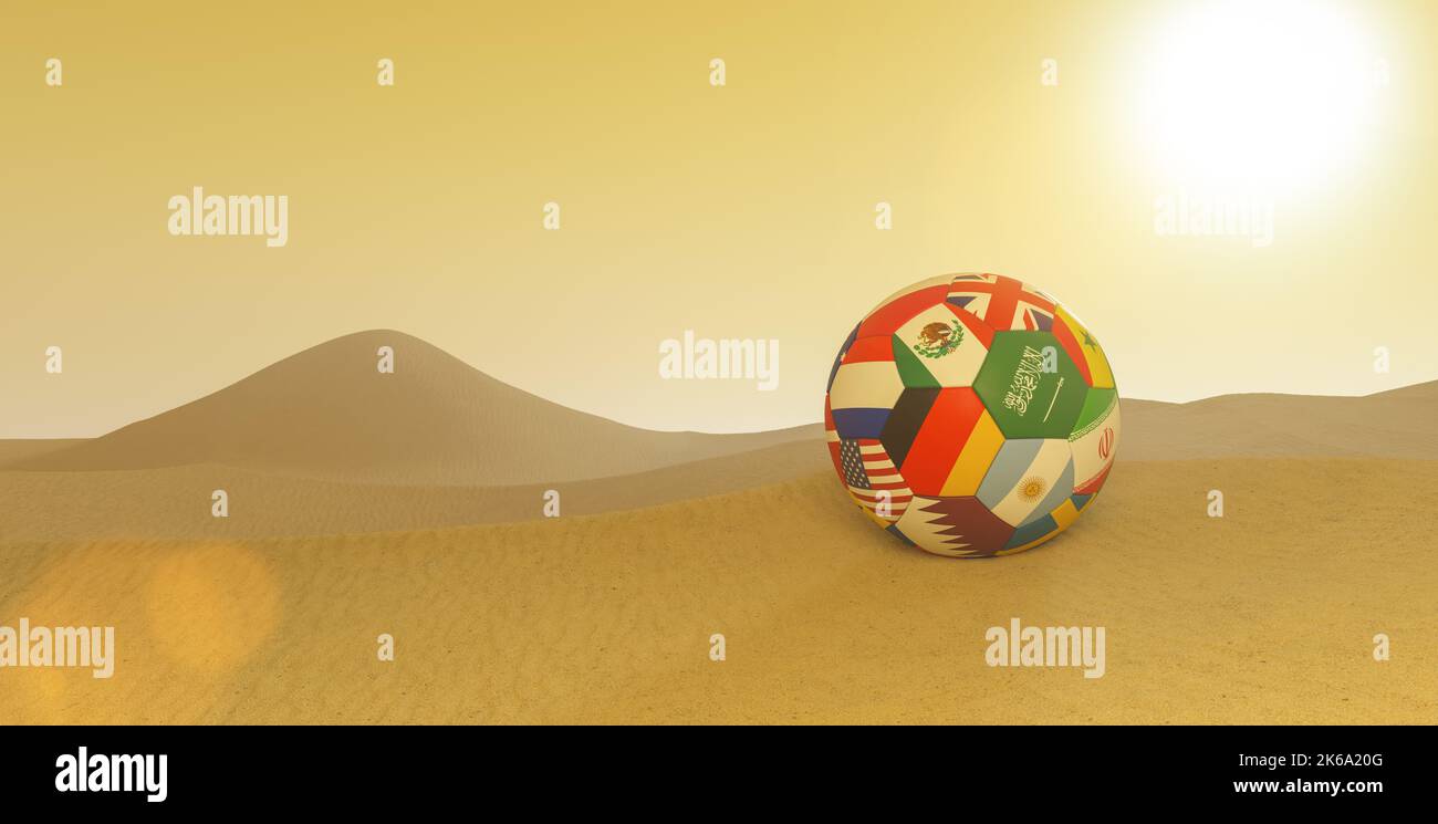 Grande pallone da calcio con bandiere di campagna nel deserto del Qatar Foto Stock