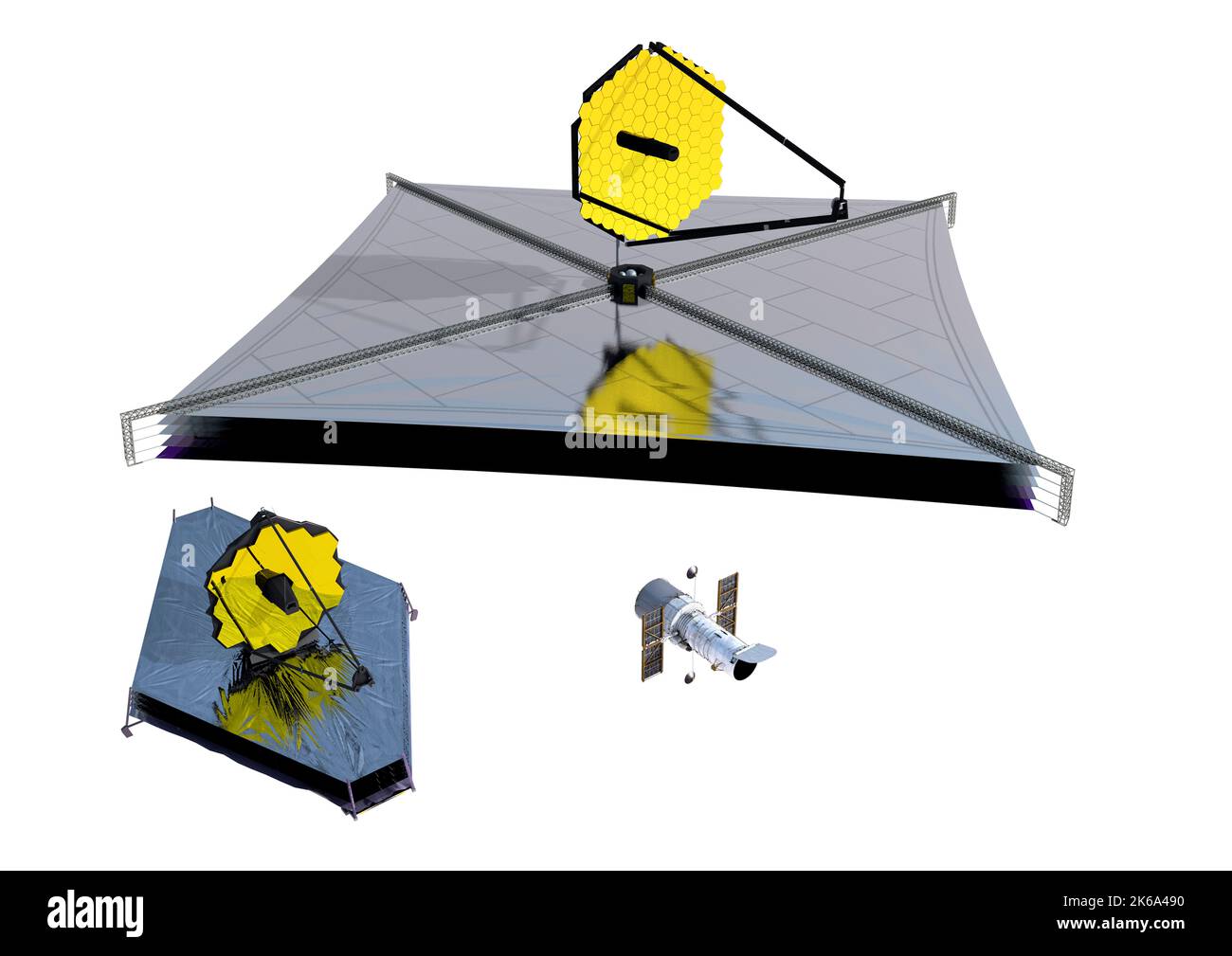 Concetto dell'artista del telescopio spaziale a infrarossi Luvoir, con James Webb Space Telescope e Hubble per confronto. Foto Stock