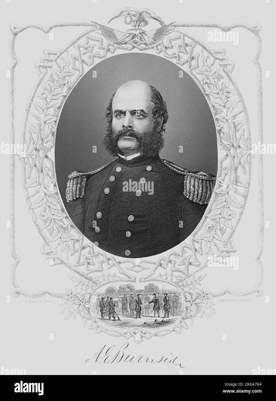 Ritratto inciso del generale Ambrose Burnside, soldato americano, circa 1865. Foto Stock