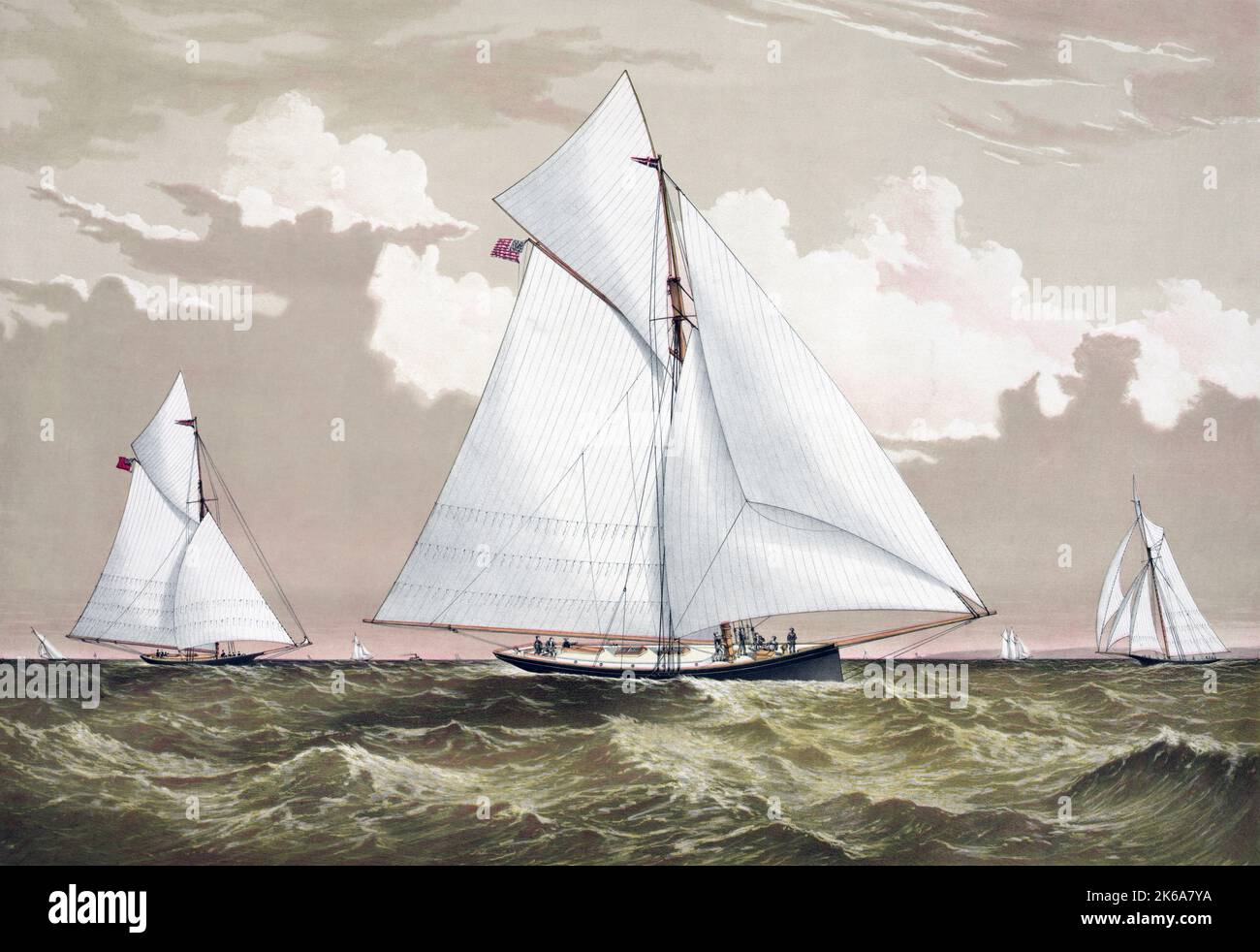 La Coppa America slop yacht mischief e Atalanta impegnato in una gara, circa 1881. Foto Stock