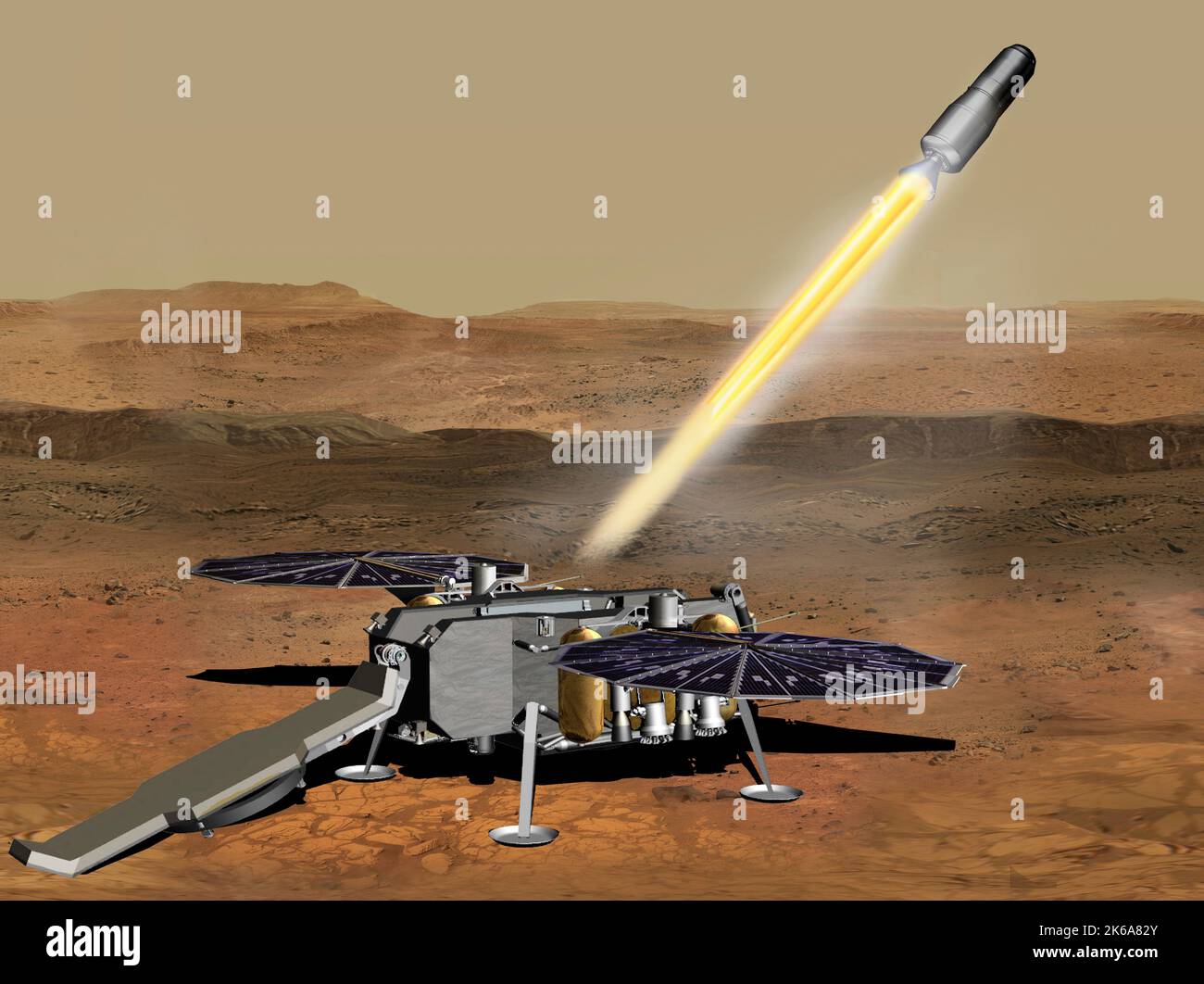 Concetto illustrativo di come il veicolo di salita di Marte potrebbe essere lanciato dalla superficie di Marte. Foto Stock