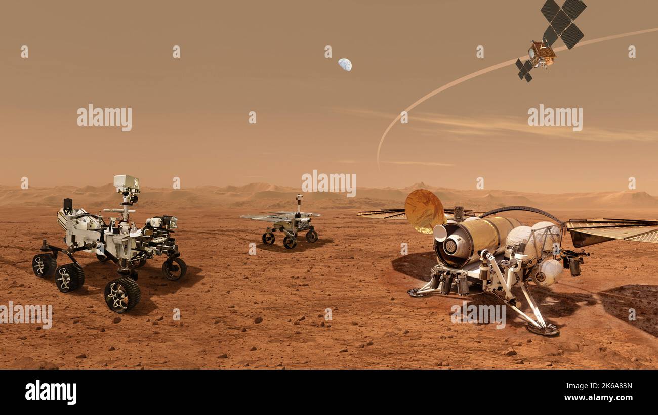 Concetto illustrativo per un insieme di robot futuri che lavorano insieme per trasportare campioni di ritorno dalla superficie di Marte raccolti da Mars perseverance rover. Foto Stock