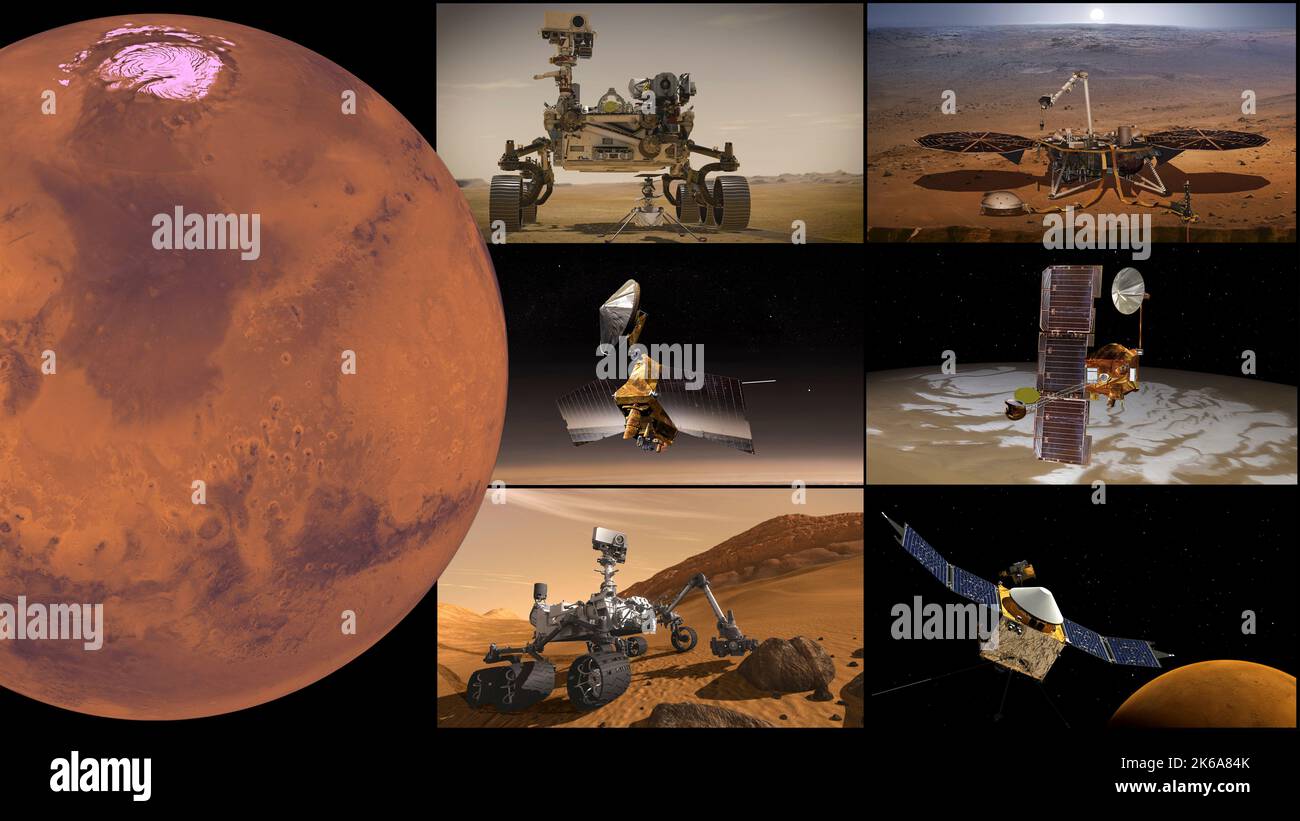 Montage of Mars Missions, in senso orario dall'alto a sinistra: Perseveranza rover e Ingenuity Mars Helicopter, Insight lander, Odyssey orbiter, MAVEN orbiter, C Foto Stock