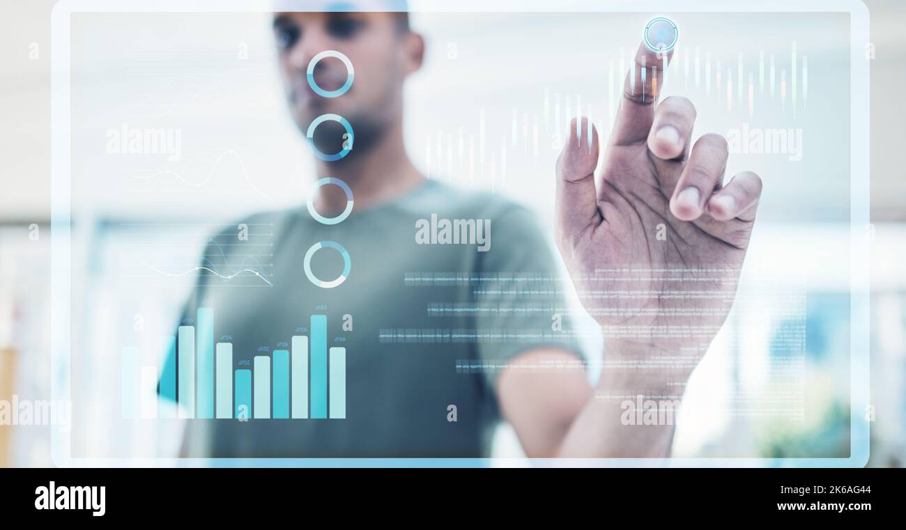 3D futuristico schermo ologramma a mano con grafica e tecnologia cartografica per il marketing digitale. Icona con il futuro cyber cloud computing, digitale Foto Stock