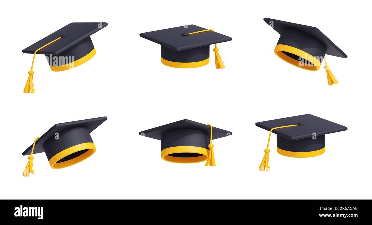 Berretto laureato, cappello di studente universitario o universitario in una prospettiva diversa. Pannello mortarboard nero con nastro giallo e nappina isolata su sfondo bianco, rappresentazione 3D Foto Stock