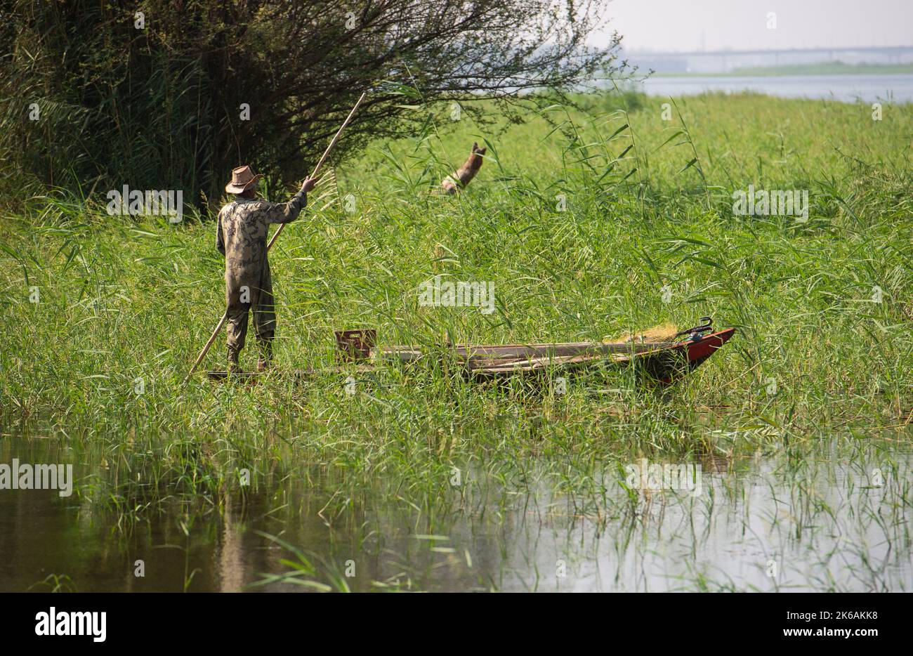 Tradizionale pescatore beduino egiziano in barca a remi sul fiume Nilo pesca in riva al fiume Foto Stock