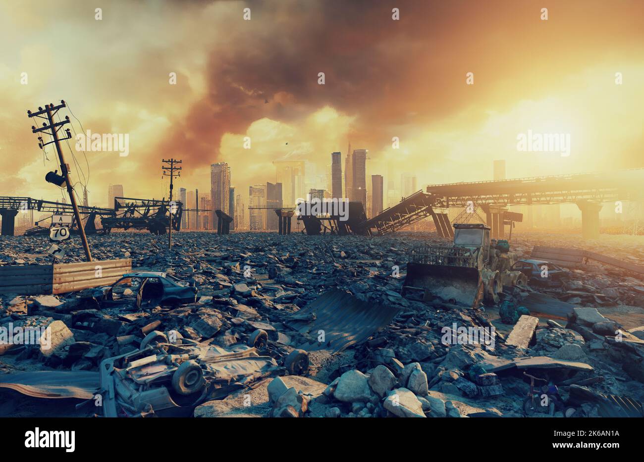 Le rovine di una città. Paesaggio apocalittico.3d illustrazione concept Foto Stock