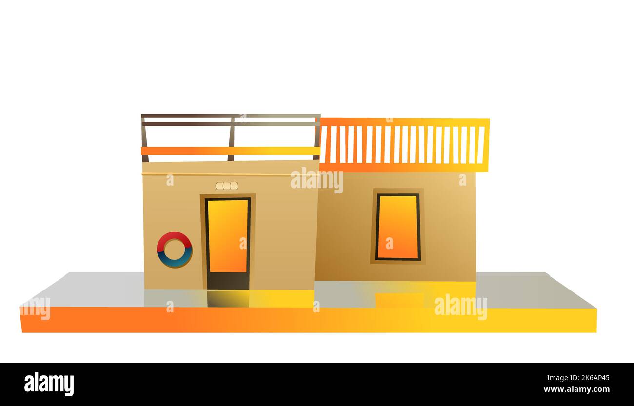 Casa galleggiante. Abitazione con piccolo cortile sull'acqua. Isolato su sfondo bianco. Vettore di illustrazione Illustrazione Vettoriale