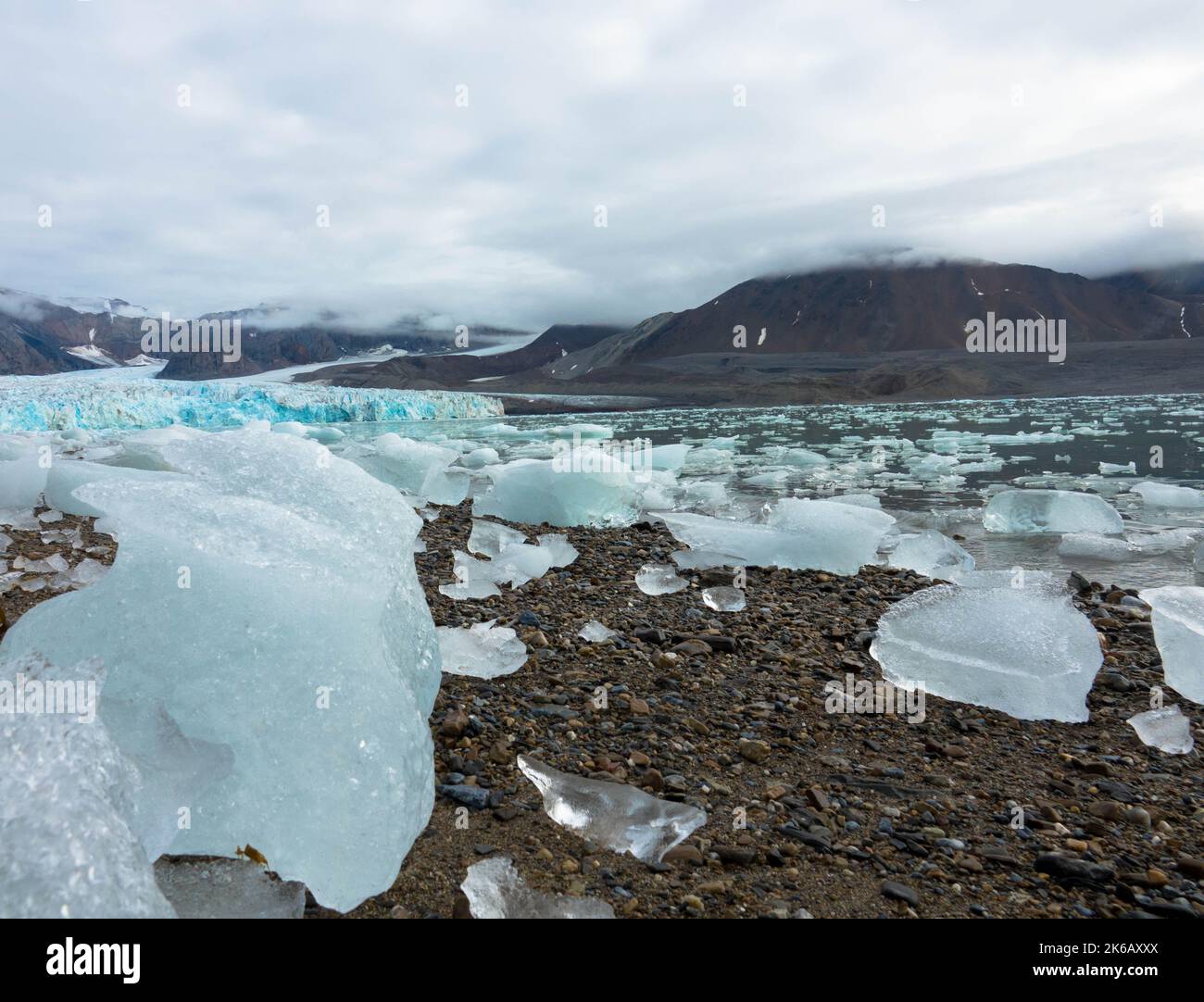 Vista panoramica del 14th luglio Ghiacciaio o la Fjortende Julibreen. È un bellissimo ghiacciaio che si trova nel nord-ovest di Spitsbergen. Floating Pack Ice. Foto Stock
