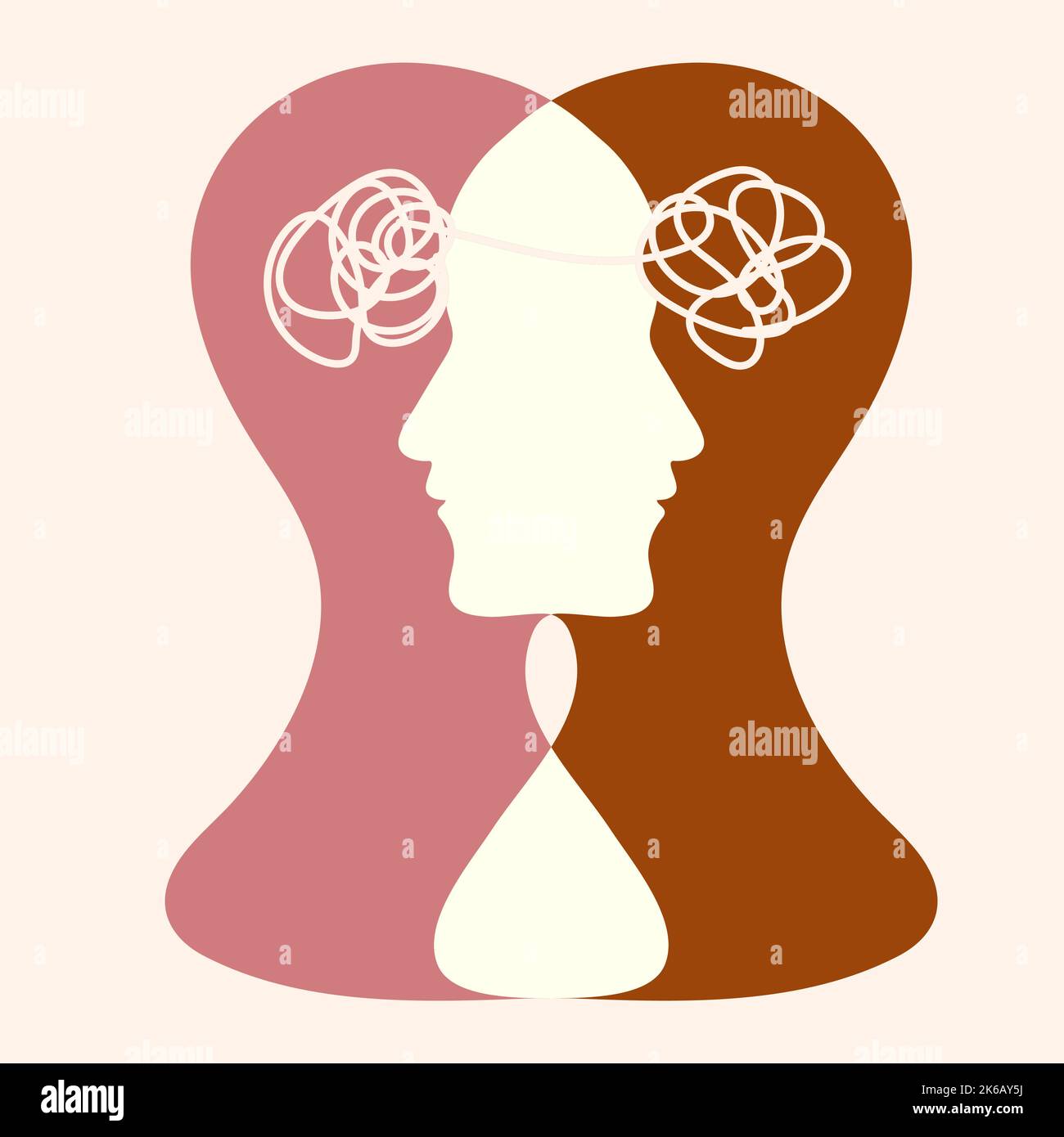 Metafora disturbo bipolare mente mentale. Faccia doppia. Dividi personalità. Disturbo dell'umore del concetto. 2 testa silhouette.Psicologia. Salute mentale. Doppio Illustrazione Vettoriale