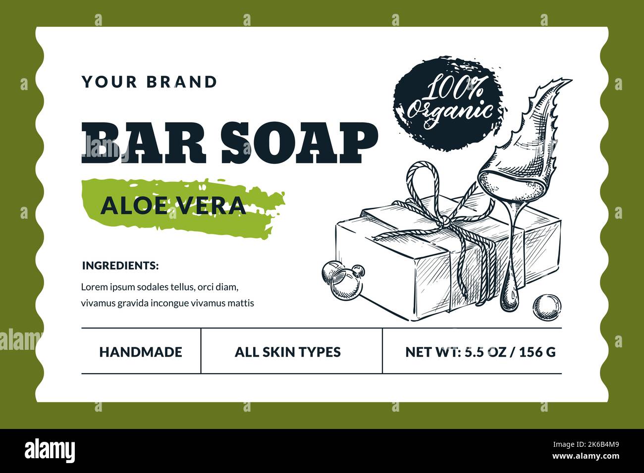 Etichetta o modello di adesivo per confezione di saponetta naturale fatta a mano. Disegno vettoriale a mano sapone disegno e aloe vera illustrazione. Badge o banner bagno e spa l Illustrazione Vettoriale