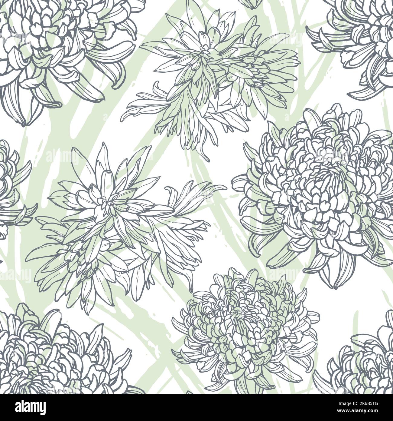 Motivo floreale senza cuciture con crisantemi. Disegnato a mano con disegno a penna e inchiostro. Pattern di tile vettoriale su sfondo bianco. Illustrazione Vettoriale