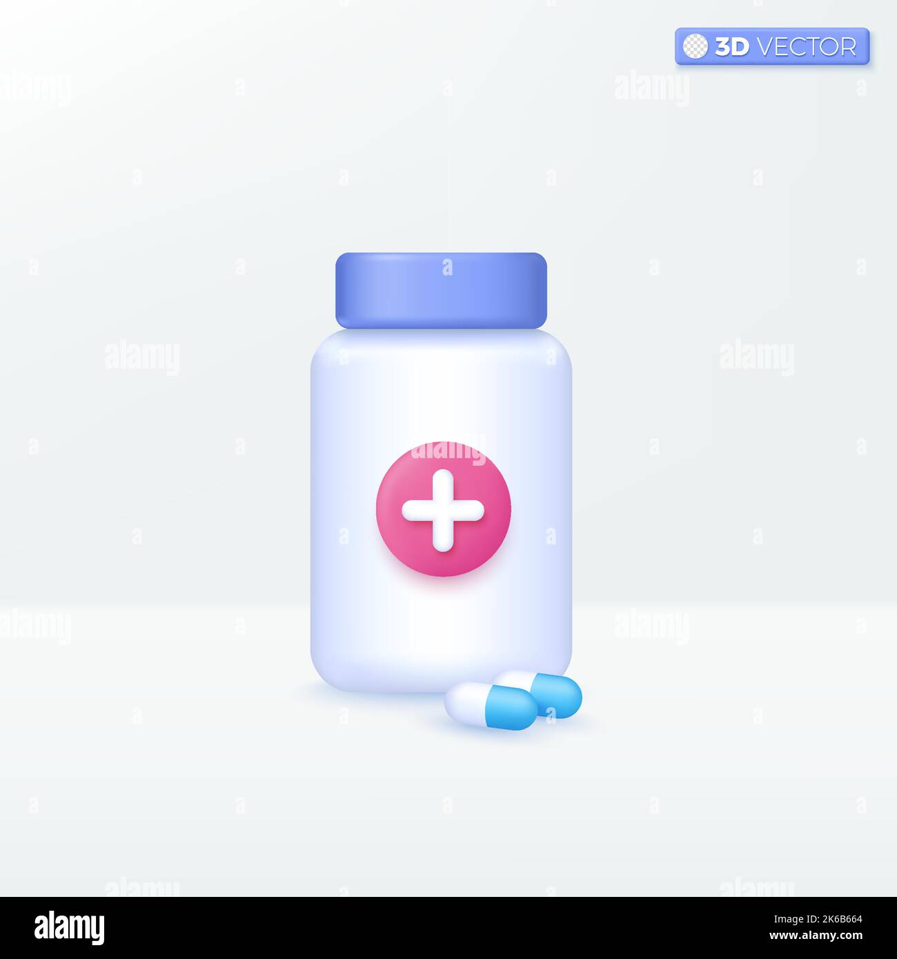 Simboli icona flacone e capsula pillola. Trattamento antibiotico, concetto di salute della medicina. Disegno di illustrazione con isolamento vettoriale 3D. Cartone animato pastello Minim Illustrazione Vettoriale