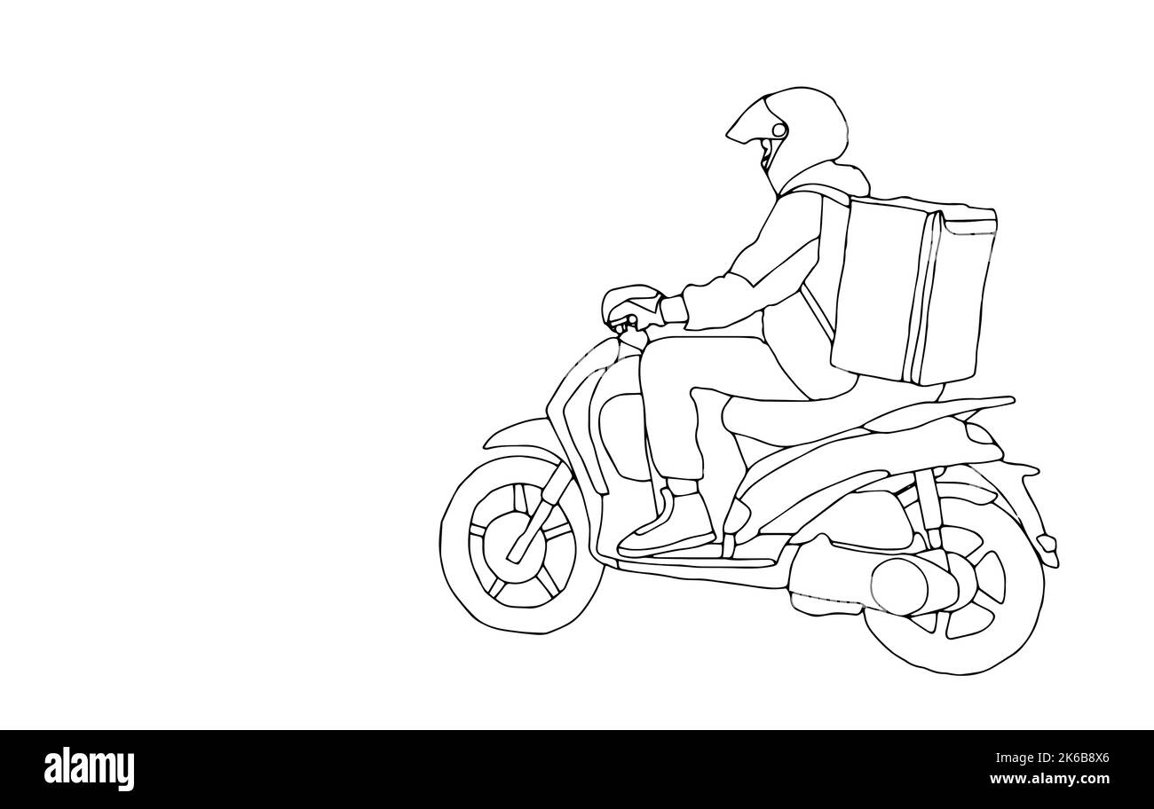 Uomo a cavallo scooter con scatola di cartone con prodotti da supermercato disegnati con profili. Operatore o corriere del servizio di consegna degli alimenti. Monocromatico Illustrazione Vettoriale