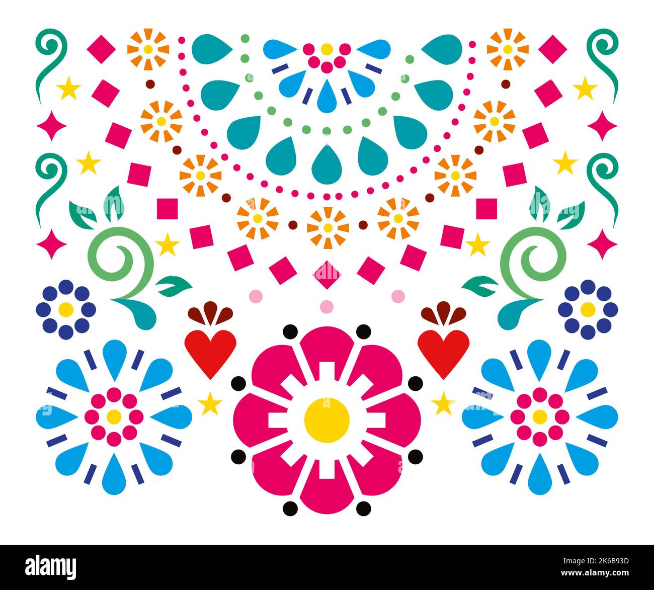 Design vettoriale in stile retrò messicano con cuori, fiori e metà mandala geometrica, vivace arte popolare - perfetto per biglietti d'auguri o invitati di nozze Illustrazione Vettoriale