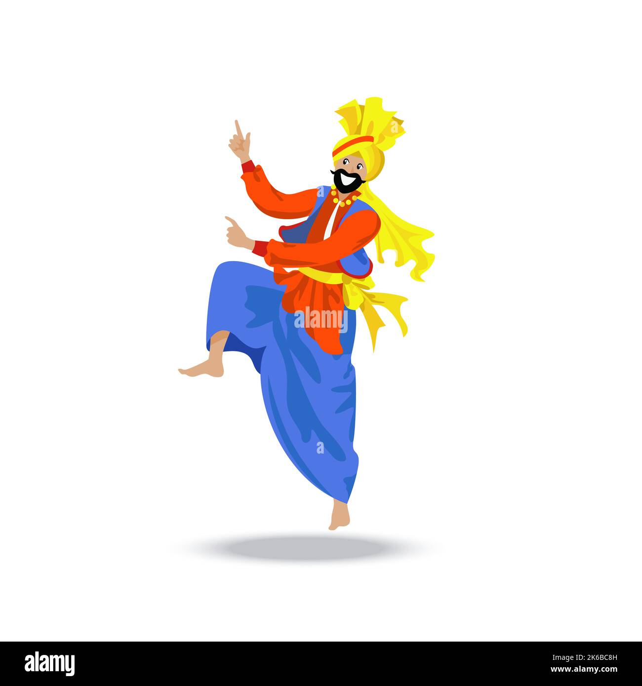 Allegro energetico uomo Sikh bearded in turbano e vestiti colorati, danza tradizionale. Illustrazione piatta del cartoon vettoriale su sfondo bianco Illustrazione Vettoriale
