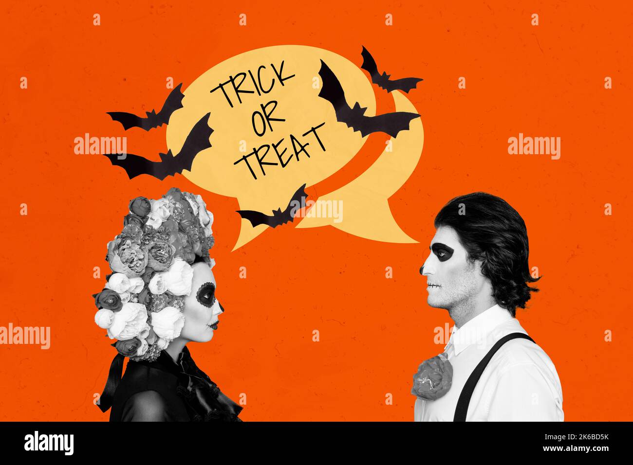 Immagine collage creativa di due persone messicane nero bianco colori guardare l'un l'altro parlare chatting trucco o trattare pipistrelli volanti Foto Stock